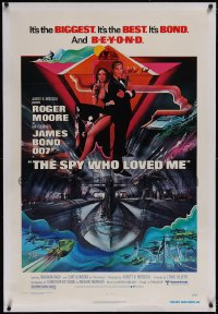 6h0988 SPY WHO LOVED ME linen 1sh 1977 art of Roger Moore as James Bond & Barbara Bach by Bob Peak!