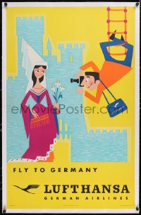 6h0601 LUFTHANSA GERMANY linen 25x40 German travel poster 1950s man photographing woman, ultra rare!
