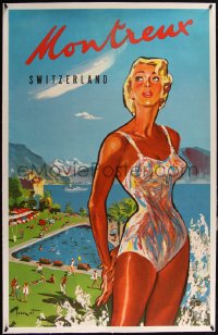 6h0603 MONTREUX linen 25x40 Swiss travel poster 1959 Brenot art of woman in swimsuit, ultra rare!