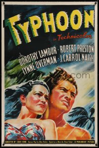 6h1026 TYPHOON linen 1sh 1940 great art of sexy Dorothy Lamour & Robert Preston in tropical storm!
