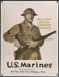 6h0614 ANOTHER NOTCH CHATEAU THIERRY linen 30x40 WWI poster 1917 Treidler art of Marine w/gun, rare!