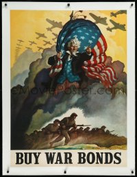 6h0615 BUY WAR BONDS linen 30x40 WWII war poster 1942 N.C. Wyeth Uncle Sam over troops in battle art!
