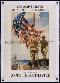 6h0616 FOR ACTIVE SERVICE JOIN THE U.S. MARINES linen 18x26 WWI war poster 1917 cool art, ultra rare!