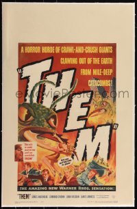 6h0216 THEM linen WC 1954 classic sci-fi, art of horror horde of giant bugs terrorizing people!