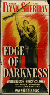 6j0245 EDGE OF DARKNESS 3sh 1942 great art of Errol Flynn with rifle & Ann Sheridan, ultra rare!