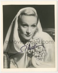 6j0190 MARLENE DIETRICH signed 7x9 REPRO photo 1940s great head & shoulders wearing hood & flowers!