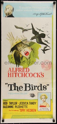 6j0351 BIRDS Aust daybill 1963 director Alfred Hitchcock shown, Tippi Hedren, attack artwork!
