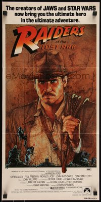 6j0380 RAIDERS OF THE LOST ARK UIP Aust daybill 1981 great Richard Amsel artwork of Harrison Ford!