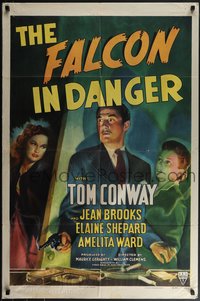 6j0891 FALCON IN DANGER 1sh 1943 art of detective Tom Conway between Jean Brooks & Elaine Shepard!