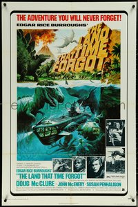 6j0973 LAND THAT TIME FORGOT 1sh 1975 Edgar Rice Burroughs, cool George Akimoto dinosaur art!