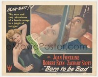 6j0461 BORN TO BE BAD LC #7 1950 Nicholas Ray, c/u of Robert Ryan & Joan Fontaine cuddling in car!