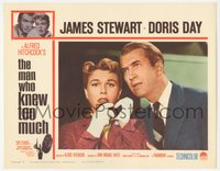 6j0551 MAN WHO KNEW TOO MUCH LC #2 R1960s scared James Stewart & Doris Day with phone, Hitchcock!