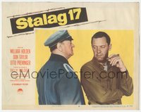 6j0600 STALAG 17 LC #4 1953 close up of William Holden & Sig Ruman, Billy Wilder WWII classic!