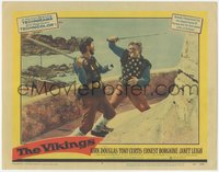 6j0633 VIKINGS LC #3 1958 Kirk Douglas & Tony Curtis fighting with swords high above the ocean!