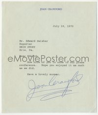 6j0072 JOAN CRAWFORD signed letter 1970 thanking reporter for coming to her press conference!