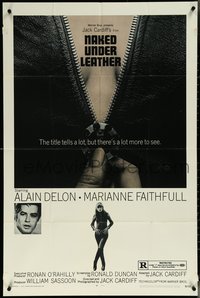 6j1027 NAKED UNDER LEATHER 1sh 1970 Alain Delon, super c/u of sexy Marianne Faithfull unzipping!