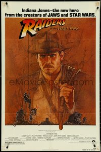 6j1082 RAIDERS OF THE LOST ARK 1sh 1981 Steven Spielberg, great Richard Amsel art of Harrison Ford!