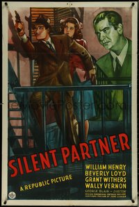 6j1133 SILENT PARTNER 1sh 1944 art of William Henry with gun & Beverly Lloyd on fire escape!