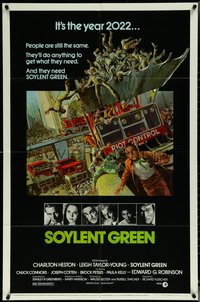 6j1148 SOYLENT GREEN 1sh 1973 art of Charlton Heston trying to escape riot control by John Solie!