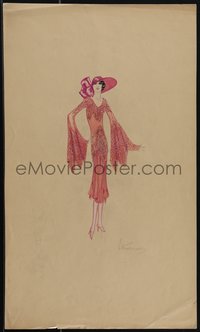 6j0052 EDWARD STEVENSON 11x19 costume drawing 1930s lady in dress w/sleeves over hands, ultra rare!