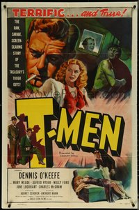 6j1171 T-MEN 1sh 1947 Anthony Mann film noir, cool art of sexy bad girl & man with gun!