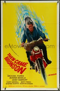 6j1181 THEN CAME BRONSON int'l 1sh 1970 cool art of Michael Parks on speeding motorcycle, ultra rare!
