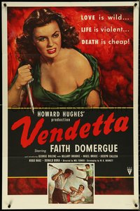 6j1208 VENDETTA 1sh 1950 Howard Hughes, Zamparelli art of sexy Faith Domergue w/ knife!