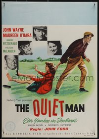 6k0121 QUIET MAN Dutch 1953 great art of John Wayne dragging Maureen O'Hara, John Ford!