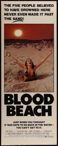 6k0078 BLOOD BEACH insert 1981 Jaws parody tagline, image of sexy girl in bikini sinking in sand!