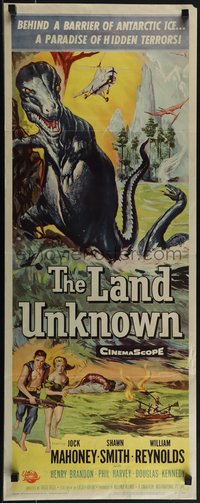 6k0083 LAND UNKNOWN insert 1957 a paradise of hidden terrors, great art of dinosaurs!