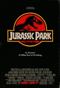6k0757 JURASSIC PARK advance 1sh 1993 Steven Spielberg, classic logo with T-Rex over red background!
