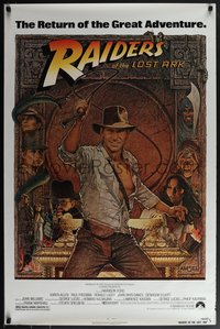 6k0863 RAIDERS OF THE LOST ARK 1sh R1982 great Richard Amsel art of adventurer Harrison Ford!