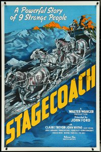 6k0274 STAGECOACH S2 poster 2000 John Ford, John Wayne, artwork of rushing stagecoach and horses!