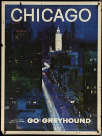 6k0019 GREYHOUND CHICAGO 30x40 travel poster 1960s Roth artwork of city & street at night, rare!