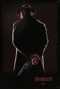 6k0973 UNFORGIVEN teaser DS 1sh 1992 image of gunslinger Clint Eastwood w/back turned, dated design!