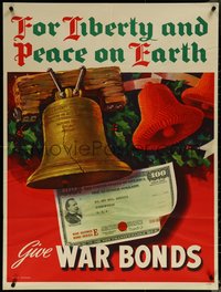 6k0015 FOR LIBERTY & PEACE ON EARTH 29x38 WWII war poster 1944 Simpson art of Liberty Bell, rare!