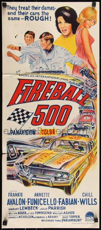 6p0481 FIREBALL 500 Aust daybill 1966 driver Frankie Avalon & Annette Funicello, cool car art!
