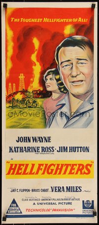 6p0489 HELLFIGHTERS Aust daybill 1969 art of John Wayne as fireman Red Adair & Katharine Ross!