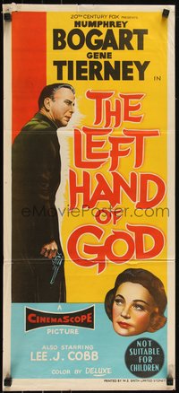 6p0500 LEFT HAND OF GOD Aust daybill 1955 art of priest Humphrey Bogart holding gun!