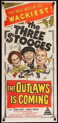 6p0513 OUTLAWS IS COMING Aust daybill 1965 The Three Stooges with Curly-Joe are wacky cowboys, rare!