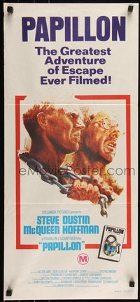6p0514 PAPILLON Aust daybill 1974 art of prisoners Steve McQueen & Dustin Hoffman by Tom Jung!