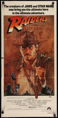6p0518 RAIDERS OF THE LOST ARK Aust daybill 1981 great Richard Amsel artwork of Harrison Ford!