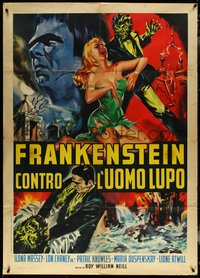 6p0142 FRANKENSTEIN MEETS THE WOLF MAN Italian 1p R1963 Lugosi, Chaney, different Pick monster art!