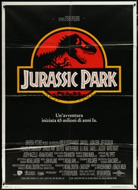 6p0148 JURASSIC PARK Italian 1p 1993 Steven Spielberg, T-Rex skeleton over red background