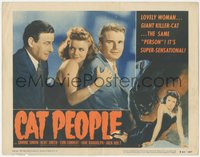 6p0638 CAT PEOPLE LC #1 R1952 great c/u of sexy Simone Simon between Kent Smith & Tom Conway, rare!