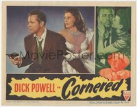 6p0644 CORNERED LC 1946 c/u of scared Micheline Cheirel standing behind Dick Powell pointing gun!