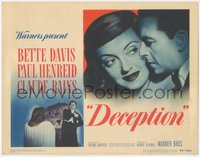 6p0560 DECEPTION TC 1946 great close up of Bette Davis & Paul Henreid + Claude Rains, film noir!