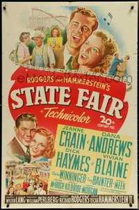 6p1226 STATE FAIR 1sh 1945 art of Jeanne Crain & Dana Andrews, Rodgers & Hammerstein!