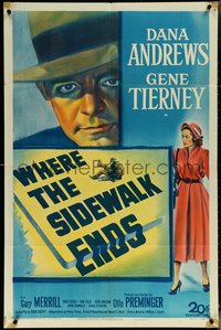 6p1280 WHERE THE SIDEWALK ENDS 1sh 1950 Dana Andrews, sexy Gene Tierney, Otto Preminger noir!