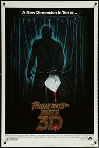 6r0722 FRIDAY THE 13th PART 3 - 3D 1sh 1982 slasher sequel, art of Jason stabbing through shower!